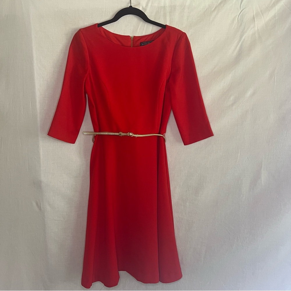 Jessica Howard, Women's Elegant Red Dress with Gold Belt, Size 8